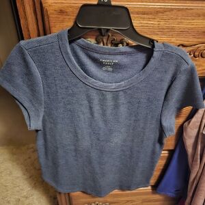 American Eagle Outfitters Navy Blue Short-Sleeve Cropped Waffle Top